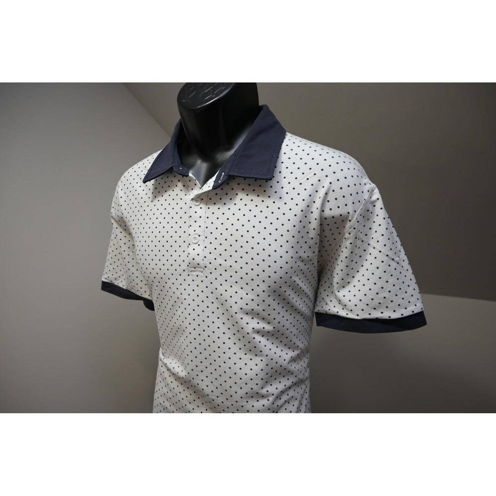 BYLT Polo Shirt Mens Large White Navy Polka Dot Drop Cut LUX Excellent